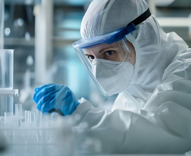 Scientist in protective gear focusing on a test tube in a laboratory.