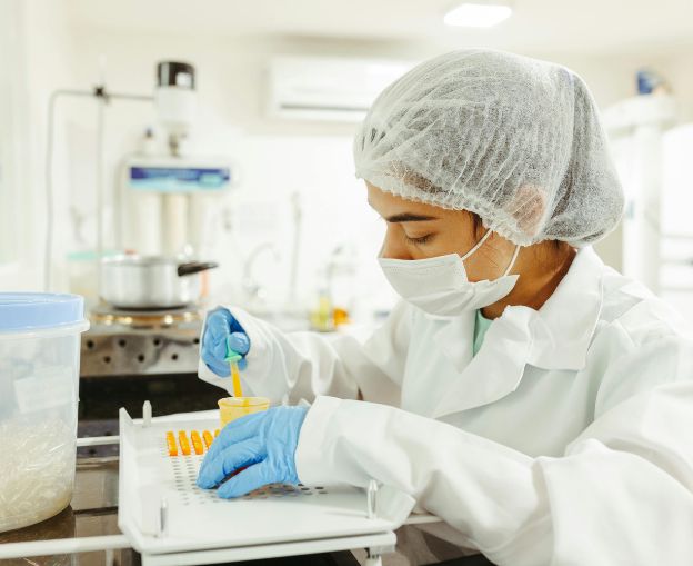 Scientist in a lab coat and protective gear preparing samples in a laboratory.