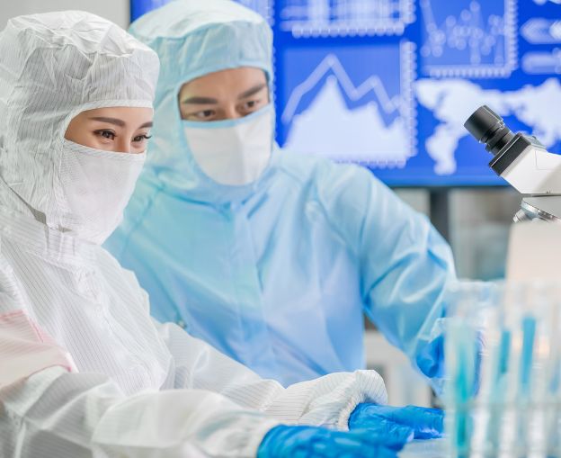 USP 797 & USP 800 Two scientists in protective suits examining samples under a microscope in a lab.