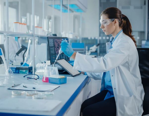 Female scientist working in a laboratory, conducting experiments and using a tablet for data analysis.
