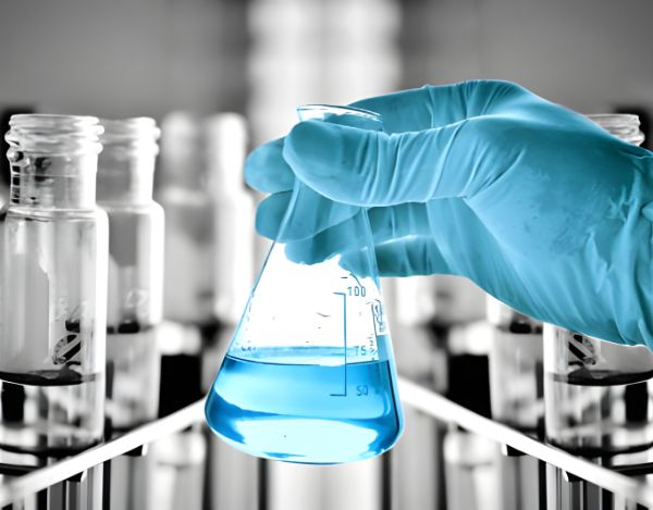 Scientist holding a flask with blue liquid in a laboratory, wearing protective gloves.