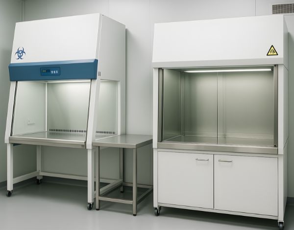 Biosafety cabinet and fume hood in a laboratory setting.